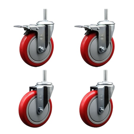 Service Caster 5 Inch Red Polyurethane Swivel 58 Inch Threaded Stem Caster Set 2 Total Lock Brakes SCC-TSTTL20S514-PPUB-RED-58212-2-S-2